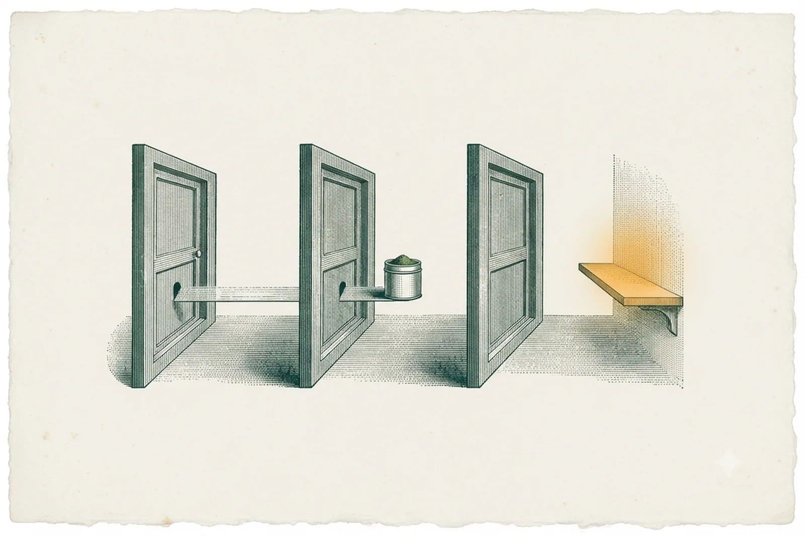 Copperplate engraving: three gates opening in sequence toward a lit shelf