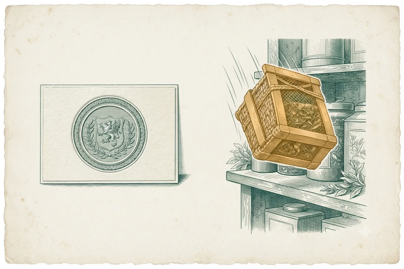 Copperplate engraving: an approved vendor seal beside a package reaching the shelf