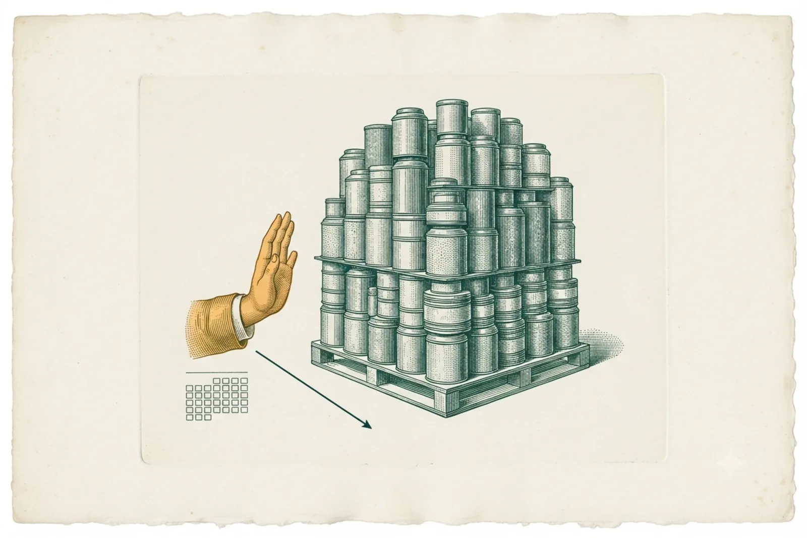 Copperplate engraving: a pallet of tea tins held back by a raised stop hand